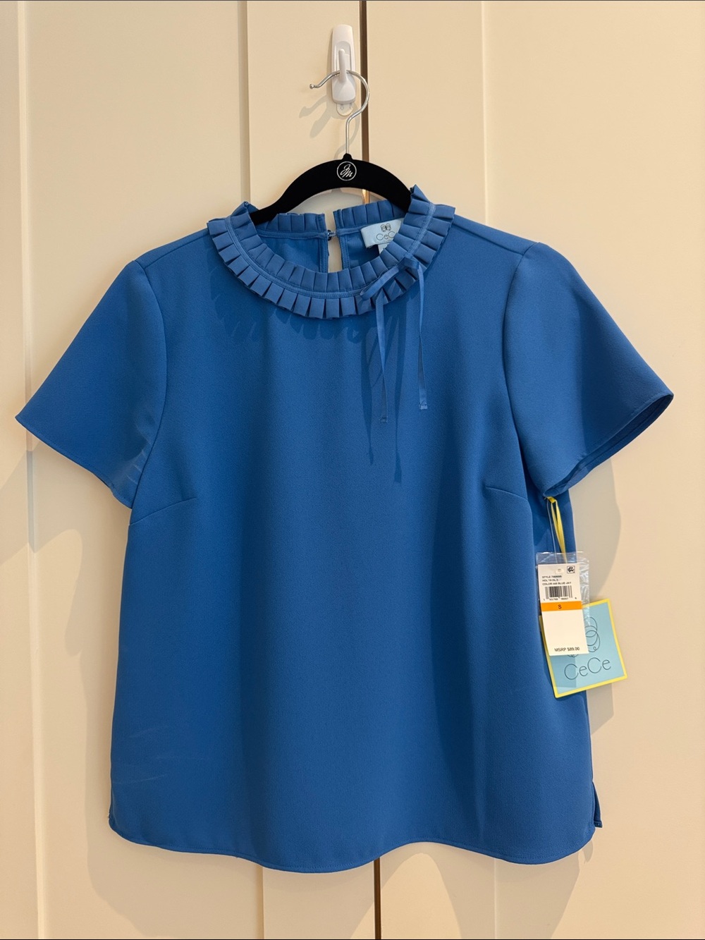 CeCe Bright Blue Pleated Ruffle Neck Short Sleeve Blouse